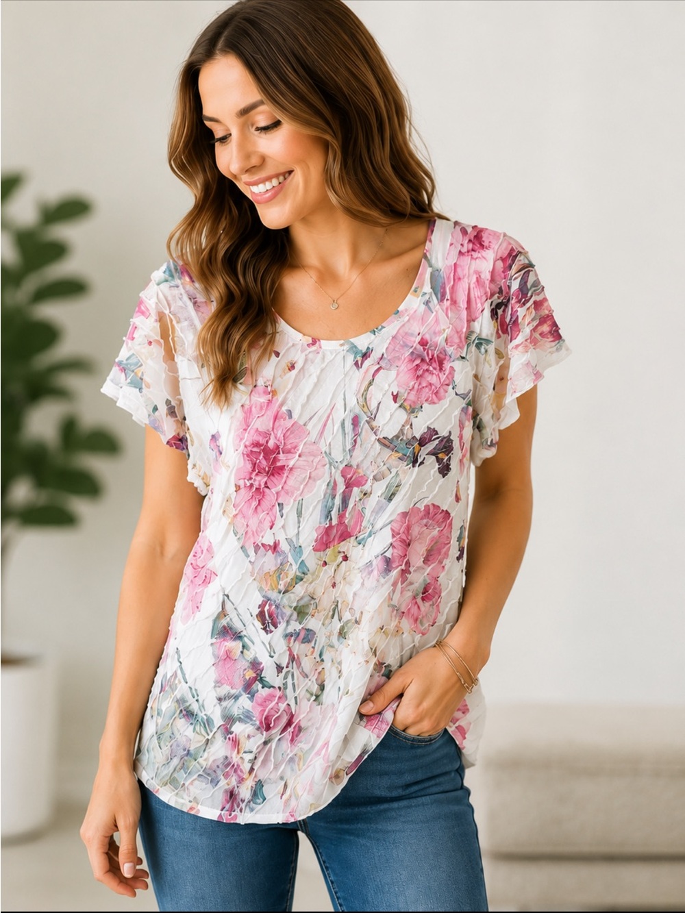 Brittany Black Floral Textured Burnout Blouse White Pink Size Small